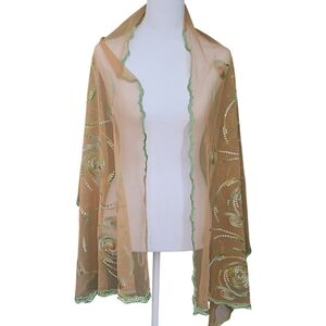 Elegant Tan and Green Embroidered Women's Scarf